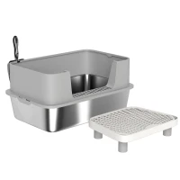 PawHut Stainless Steel Litter Box with High Sides, Metal Cat Litter Box with Scoop, Pedal, Anti-Urine Leakage, Non-Sticky(m-1)
