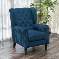 HOMCOM Button Tufted Accent Chair for Living Room - Upholstered Wingback with Wood Legs, Rolled Arms, Thick Padding, Blue(m-8)