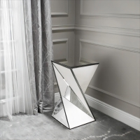 Geometric Mirrored Side Table with Modern Chic Design,Ideal for Living Room, Bedroom, Office, 14" L x 14" W x 25.5" H, Clear+Silver
