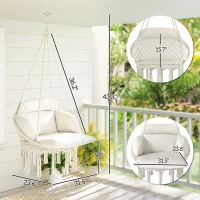 Outsunny Hammock Swing Chair, Macrame Hanging Chair with Large Cushion, Chain, Steel Frame for Indoor Outdoor Use, Cream White(m-3)