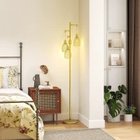 HOMCOM Industrial Floor Lamp with 3 Hanging Wire Lampshades, Dimmable Standing Lamp for Living Room, Gold(m-8)