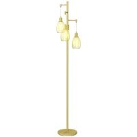 HOMCOM Industrial Floor Lamp with 3 Hanging Wire Lampshades, Dimmable Standing Lamp for Living Room, Gold(m-2)