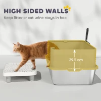 PawHut Stainless Steel Litter Box with High Sides, Metal Cat Litter Box with Scoop, Pedal, Anti-Urine Leakage, Non-Sticky(m-5)
