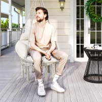 Outsunny Hammock Swing Chair, Macrame Hanging Chair with Large Cushion, Chain, Steel Frame for Indoor Outdoor Use, Cream White(m-8)