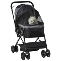 PawHut Foldable Cat Dog Travel Carriage, 4 Wheels Pet Stroller with EVA Wheel Brake, 3-stage Canopy, Mesh Window Door, Black(m-11)