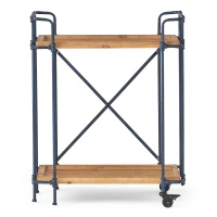 Firwood and Iron Bar Cart with Wheels, 2-Tier Mobile Serving Cart with Cross-Back Motif, 28" L x 17.5" W x 33" H, Wood+Black(m-2)