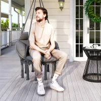 Outsunny Hammock Swing Chair, Macrame Hanging Chair with Large Cushion, Chain, Steel Frame for Indoor Outdoor Use, Dark Gray(m-8)