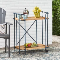 Firwood and Iron Bar Cart with Wheels, 2-Tier Mobile Serving Cart with Cross-Back Motif, 28" L x 17.5" W x 33" H, Wood+Black(m-5)