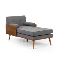 Mid-Century Chaise Lounge with 2 Accent Pillows, Button Tufted Waffle Stitch, Gold Tipped Rubberwood Legs, 64" L x 32" W x 33.5" H, Grey(m-2)