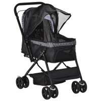 PawHut Foldable Cat Dog Travel Carriage, 4 Wheels Pet Stroller with EVA Wheel Brake, 3-stage Canopy, Mesh Window Door, Black(m-2)