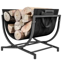 Outsunny Firewood Rack Outdoor, Foldable 17 Inch Fireplace Log Holder for Indoor, with Removable Log Carrier, Black(m-2)