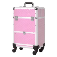 HOMCOM Portable Aluminum Makeup Train Cases, Rolling Makeup Case, Salon Beauty Cosmetic Jewelry Organizer Trolley with 4 Wheels, Pink(m-2)