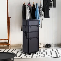 HOMCOM Pro 3 in 1 Portable Aluminum Makeup Cases Rolling Cosmetic Organizer Box, Black (Black)(m-9)