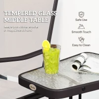 Outsunny Patio Double Glider Chair with Glass Top Center Table, Outdoor Glider Chair with High Back,  Sling Fabric for Garden, Bench, Beige(m-6)