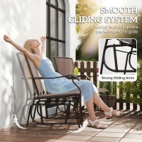 Outsunny Patio Double Glider Chair with Glass Top Center Table, Outdoor Glider Chair with High Back,  Sling Fabric for Garden, Bench, Brown(m-4)