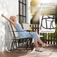 Outsunny Patio Double Glider Chair with Glass Top Center Table, Outdoor Glider Chair with High Back,  Sling Fabric for Garden, Bench, Beige(m-4)