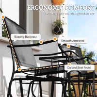 Outsunny Patio Double Glider Chair with Glass Top Center Table, Outdoor Glider Chair with High Back,  Sling Fabric for Garden, Bench, Black(m-9)