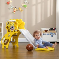 Qaba 3 in 1 Slide for Toddlers, Kids Slide Playset with Basketball Hoop, Climber, for 18-36 Months, Yellow(m-1)