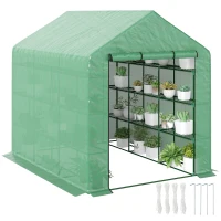 Outsunny 8' x 6' x 7' Portable Walk-In Greenhouse Hot House with 18 Shelves,  Water/UV Resistant Weather Cover, & Roll Up Door(m-2)