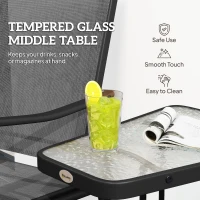 Outsunny Patio Double Glider Chair with Glass Top Center Table, Outdoor Glider Chair with High Back,  Sling Fabric for Garden, Bench, Black(m-6)