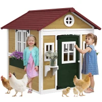 Outsunny Wooden Playhouse for Kids Outdoor with Door, Windows, Planter Pots and Boxes for Toddlers 3-8 Years, Beige(m-11)