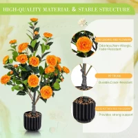 36" Faux Camellia Plant in Pot with Orange Flowers, Artificial Camellia Tree 2-Pack for home or office decor, 26.5" L x 6" W x 36" H, Black+Orange(m-4)