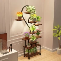 Heart-Shaped Indoor Plant Stand with Grow Lights, S-Shaped Rack for Home and Patio, 35.5″ L x 10″ W x 65″ H, Black+Dark Walnut(m-9)