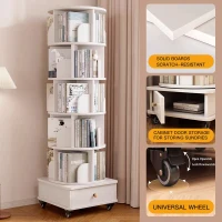 Rotating Bookshelf with Drawer and 360-Degree Display, Wood Narrow Book Shelf Organizer for Small Spaces, 18" L x 18" W x 69" H, White(m-4)
