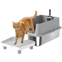 PawHut Extra Large Stainless Steel Cat Litter Box with Scoop & Pad, Anti-Urine Leakage, Easy Cleaning, Non-Sticky(m-11)