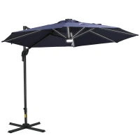 Outsunny 10ft Solar LED Cantilever Patio Umbrella, Aluminum Hanging Offset Umbrella Outdoor Sun Shade with 360 Degree Rotation, Lights, Tilt, Crank, Cross Base, Dark Blue(m-11)