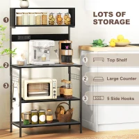 HOMCOM Baker's Rack with Charing Station, Microwave Shelf with Power Outlet, USB Charger and 5 Hooks, Black(m-6)