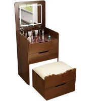 3-in-1 Vanity Desk with Flip Top Mirror, Dressing Table, Compact Makeup Vanity Set with Visible Glass Desktop, 23.5" L x 16" W x 31.5" H, Walnut(m-2)