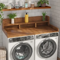 Practical Washer Dryer Countertop with Non-slip Pads, Double Layer Laundry Wood Shelf Topper with Edge, 54" L x 27.5" W x 12" H, Walnut(m-7)