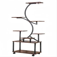 8-Tier Indoor Plant Stand with Grow Lights, Metal Plant Shelf, S-Shaped Design for Home and Patio, 19.5" L x 10" W x 61" H, Black+Dark Walnut(m-8)