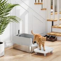 PawHut Extra Large Stainless Steel Cat Litter Box with Scoop & Pad, Anti-Urine Leakage, Easy Cleaning, Non-Sticky(m-10)