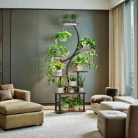 8-Tier Indoor Plant Stand with Grow Lights, Metal Plant Shelf, S-Shaped Design for Home and Patio, 19.5" L x 10" W x 61" H, Black+Dark Walnut(m-5)