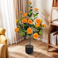 36" Faux Camellia Plant in Pot with Orange Flowers, Artificial Camellia Tree 2-Pack for home or office decor, 26.5" L x 6" W x 36" H, Black+Orange(m-1)