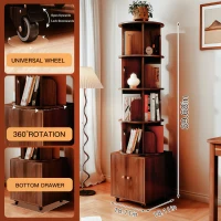 5-Tier 360-Degree Rotating Corner Bookshelf with Drawer, Wood Book Shelf Organizer for Bedroom, Living Room, 18" L x 18" W x 70" H, Walnut Brown(m-4)