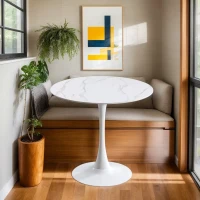 Marble Texture Round Dining Table with MDF Top and Steel Base, Easy to Install and Clean, 23.5" L x 20" W x 29" H, White Marble(m-7)