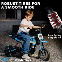 Qaba 24V Kids Motorcycle, Electric Dirt Bike with 250W Motor, Up to 9.9 MPH, 12" Inflatable Tires and Rear Suspension, Blue(m-6)