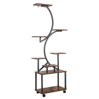 8-Tier Indoor Plant Stand with Grow Lights, Metal Plant Shelf, S-Shaped Design for Home and Patio, 19.5" L x 10" W x 61" H, Black+Dark Walnut(m-2)