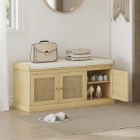 HOMCOM Shoe Storage Bench with Woven Rattan Doors, Shoe Bench with Cushion, Adjustable Shelves, Entryway Bench, Oak Tone(m-2)