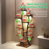 Indoor Plant Stand with Adjustable Grow Lights, Metal Vase-Shaped Plant Holder for Patio, 21.5″ L x 10″ W x 64.5″ H, Black+Dark Walnut(m-8)