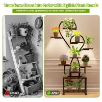 Heart-Shaped Indoor Plant Stand with Grow Lights, S-Shaped Rack for Home and Patio, 35.5″ L x 10″ W x 65″ H, Black+Dark Walnut(m-5)