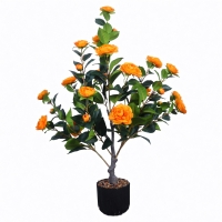 36" Faux Camellia Plant in Pot with Orange Flowers, Artificial Camellia Tree 2-Pack for home or office decor, 26.5" L x 6" W x 36" H, Black+Orange