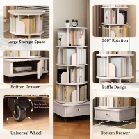 Rotating Bookshelf with 360-Degree Rotating Design, Wood Narrow Book Shelf Organizer for Bedroom, Living Room, 18″ L x 18″ W x 51″ H, White(m-4)