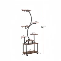 8-Tier Indoor Plant Stand with Grow Lights, Metal Plant Shelf, S-Shaped Design for Home and Patio, 19.5" L x 10" W x 61" H, Black+Dark Walnut(m-3)