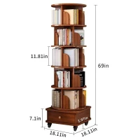 6-Tier Rotating Bookshelf with Wheels, 360° Display Corner Bookcase, Wood Organizer for Study Room, 18″ L x 18″ W x 69″ H, Walnut Brown(m-3)