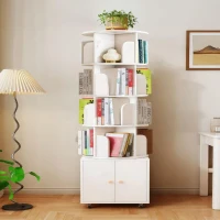 Rotating Bookshelf with Drawer and 360-Degree Display, Book Shelf Organizer for Bedroom, Living Room, 18" L x 18" W x 70" H, White(m-7)