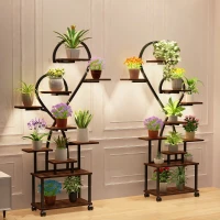 Heart-Shaped Indoor Plant Stand with Grow Lights, S-Shaped Rack for Home and Patio, 35.5″ L x 10″ W x 65″ H, Black+Dark Walnut(m-8)